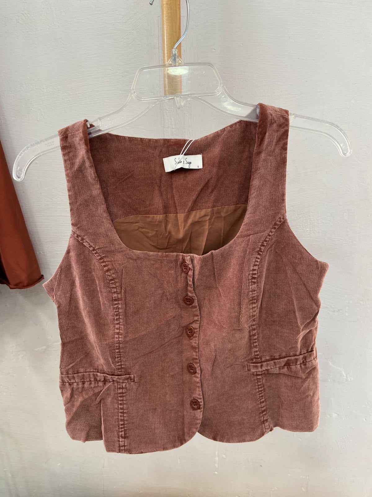 Brown Button-Up Sleeveless Crop Top with Pockets