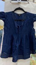Navy Short Sleeve Pleated Blouse with Tie Detail