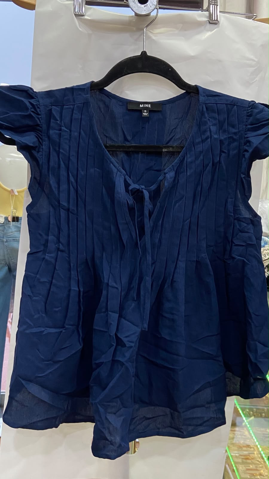 Navy Short Sleeve Pleated Blouse with Tie Detail