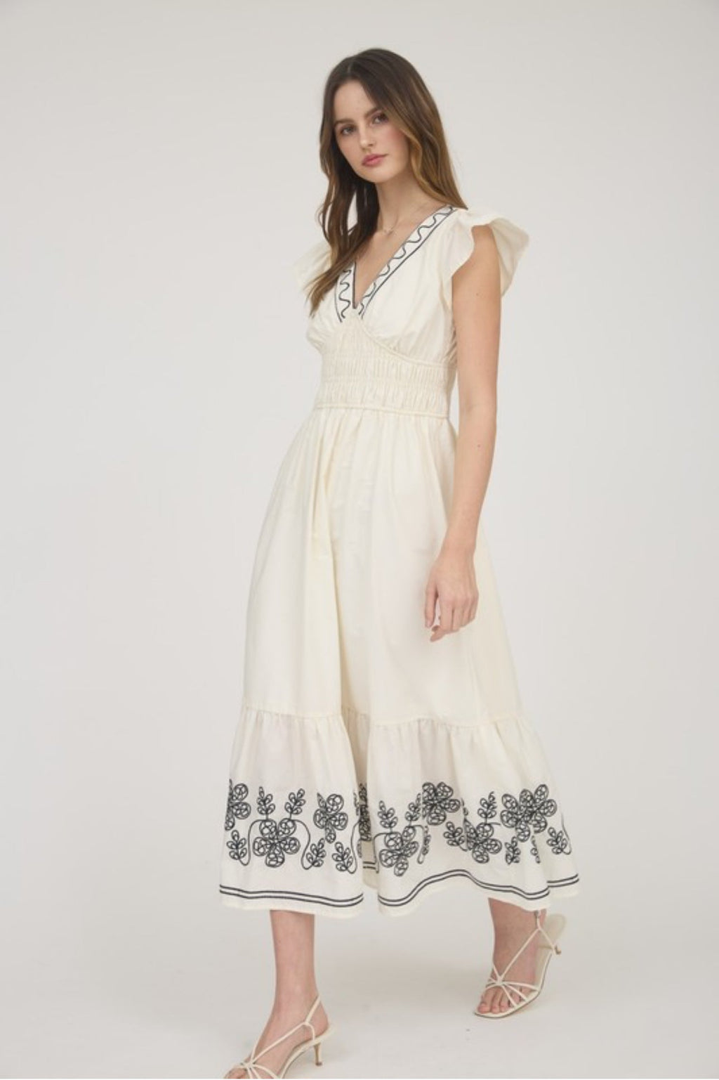 Cream Flutter Sleeve V-Neck Maxi Dress with Embroidery