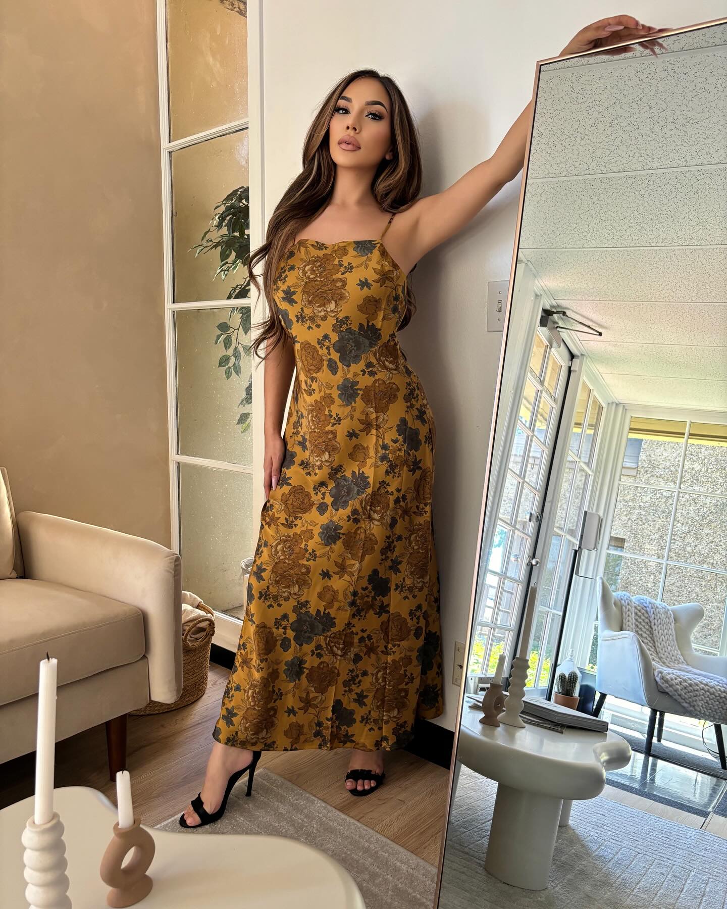Mustard Floral Maxi Dress with Spaghetti Straps