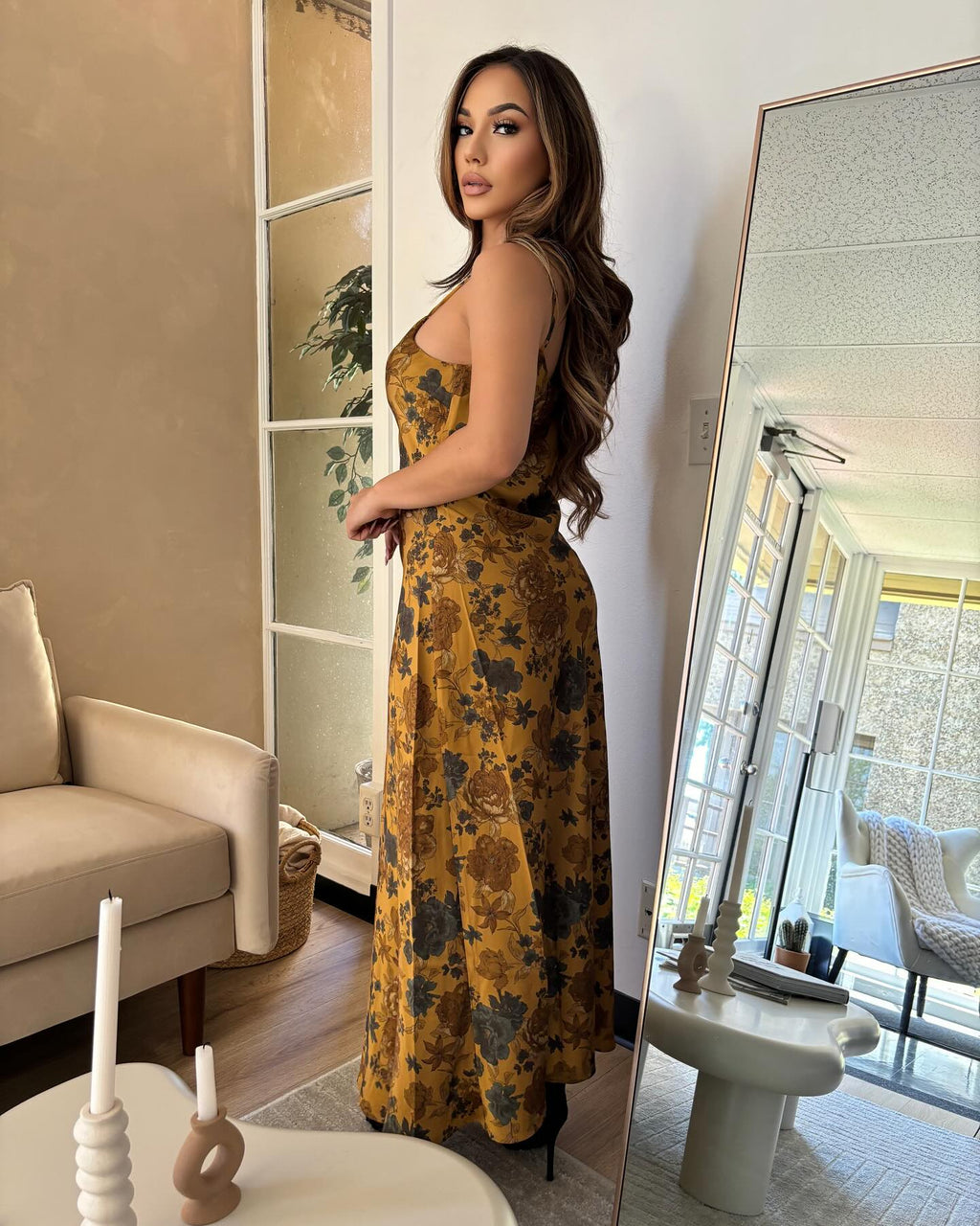 Mustard Floral Maxi Dress with Spaghetti Straps