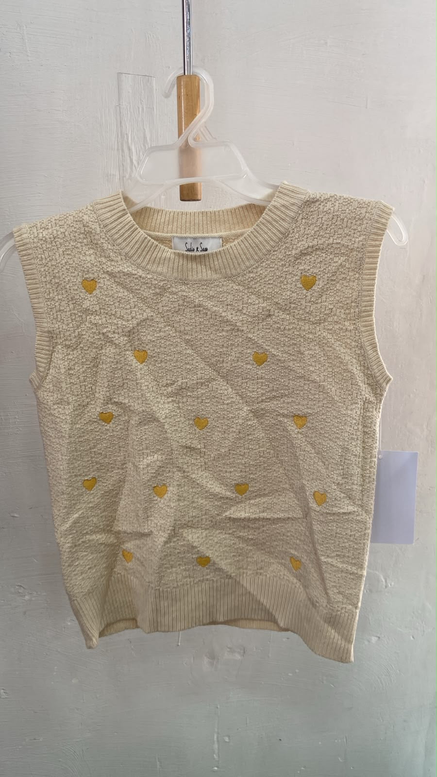 Cream Sleeveless Knit Top with Heart Details