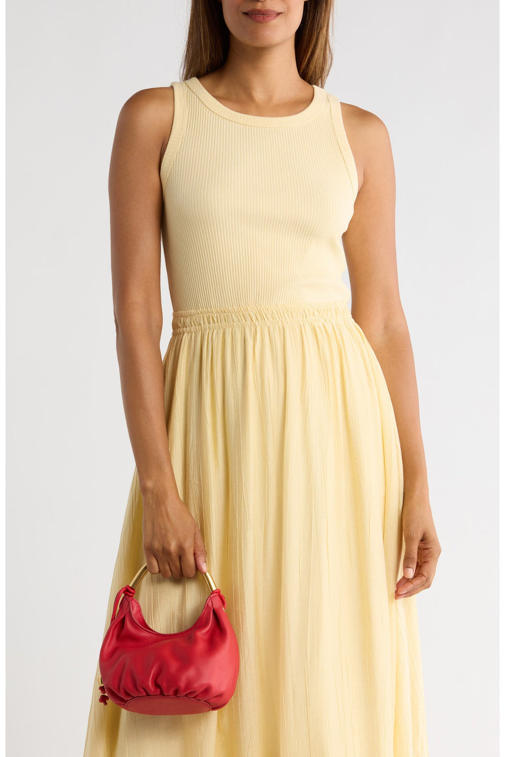 Light Yellow Ribbed Tank Dress with Flowy Skirt