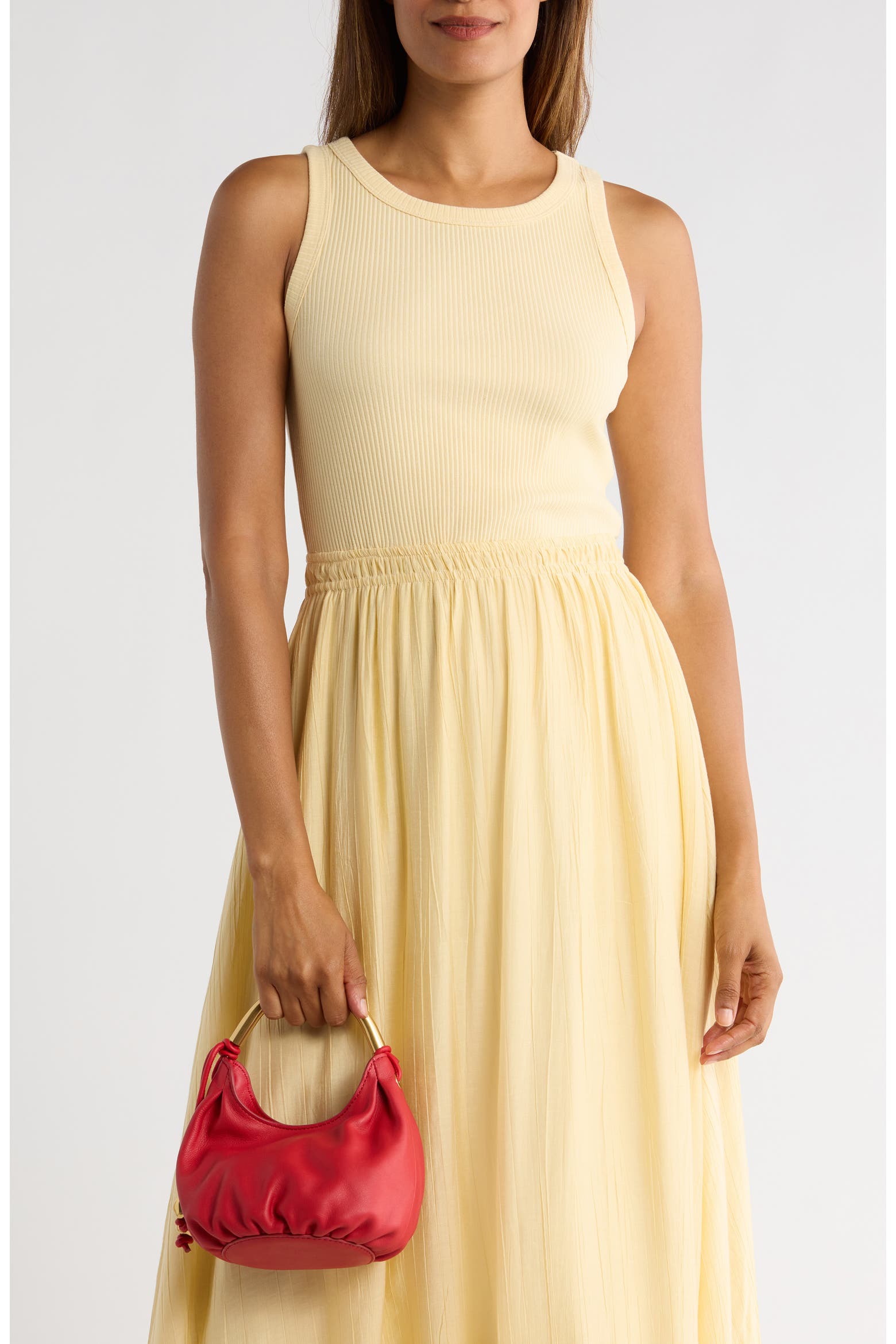 Light Yellow Ribbed Tank Dress with Flowy Skirt