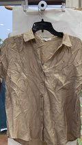 Beige Short Sleeve Button-Up Shirt with Wrinkled Texture