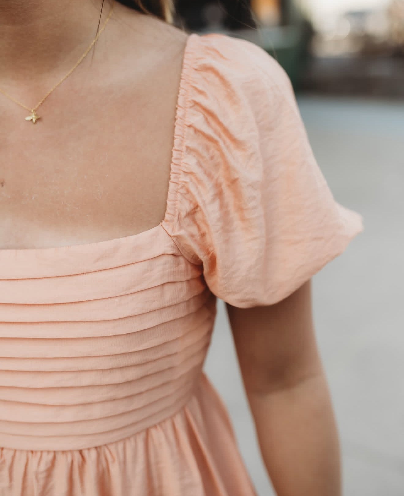 Peach Puff Sleeve Square Neck Dress with Ruffles