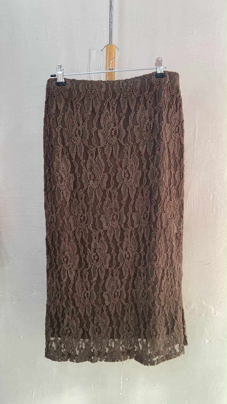 Brown Lace Midi Skirt with Scalloped Hem