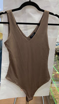 Brown V-Neck Sleeveless Bodysuit with Smooth Texture