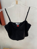Black Ribbed Crop Top with Red Flower Detail
