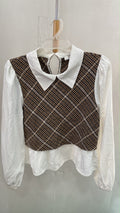 Brown Checkered Long Sleeve Crop Top with Collar