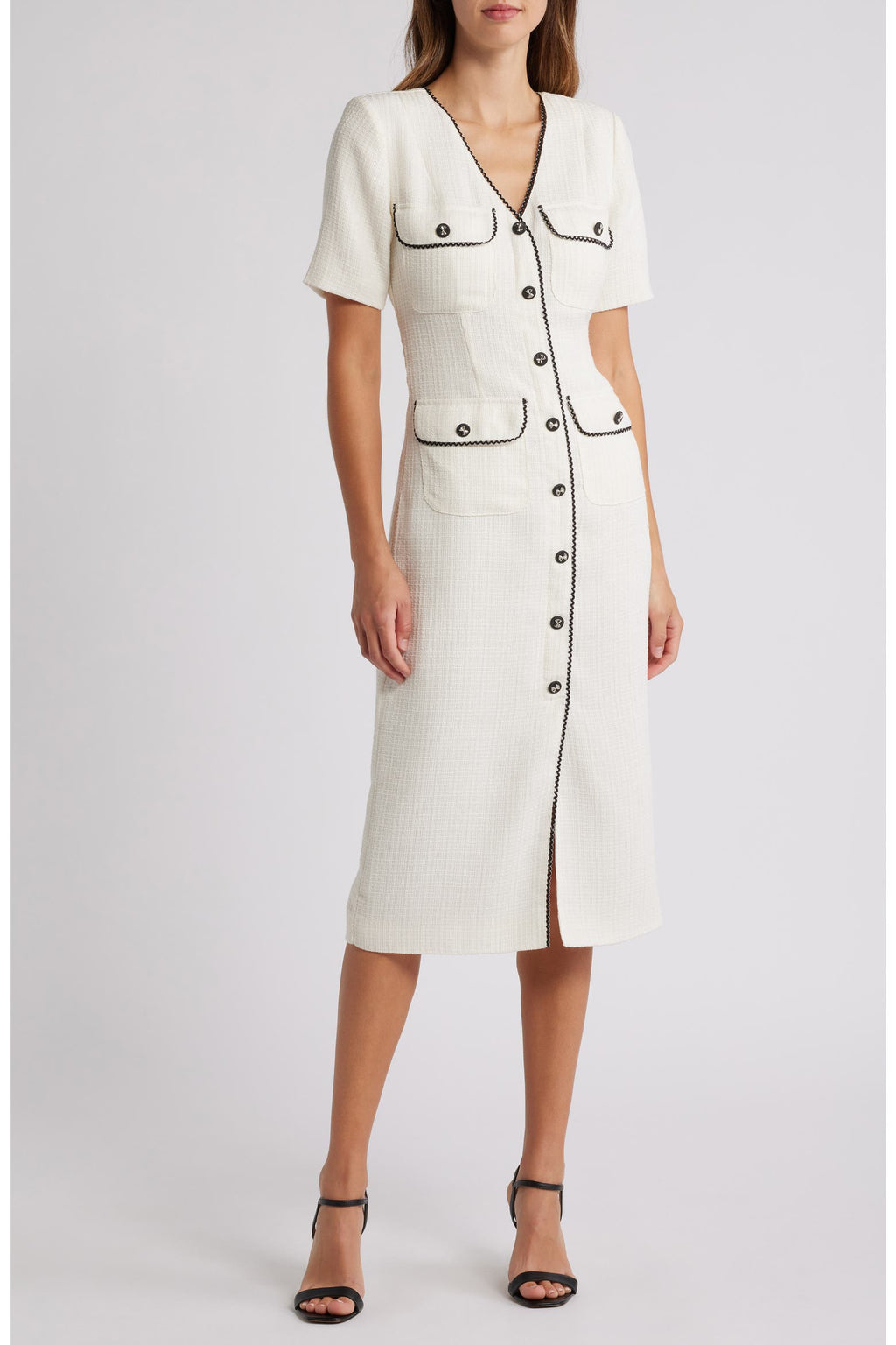 Cream Midi Sleeve Button-Up Midi Dress with Pockets