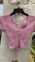 Pink Crocheted Short Sleeve Top with Lace-Up Detail