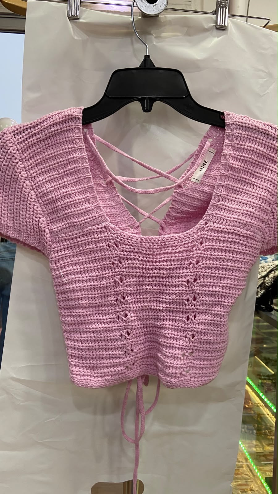 Pink Crocheted Short Sleeve Top with Lace-Up Detail