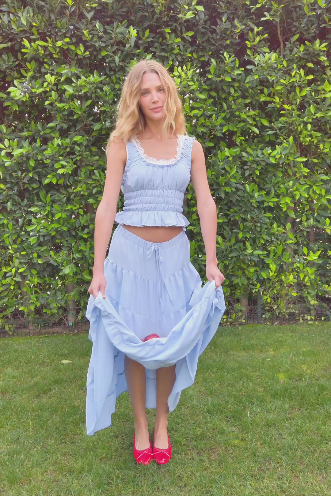 Women’s Baby Blue Ruched Square Neck Smocked Top – Pastel Tiered Ruffle Blouse