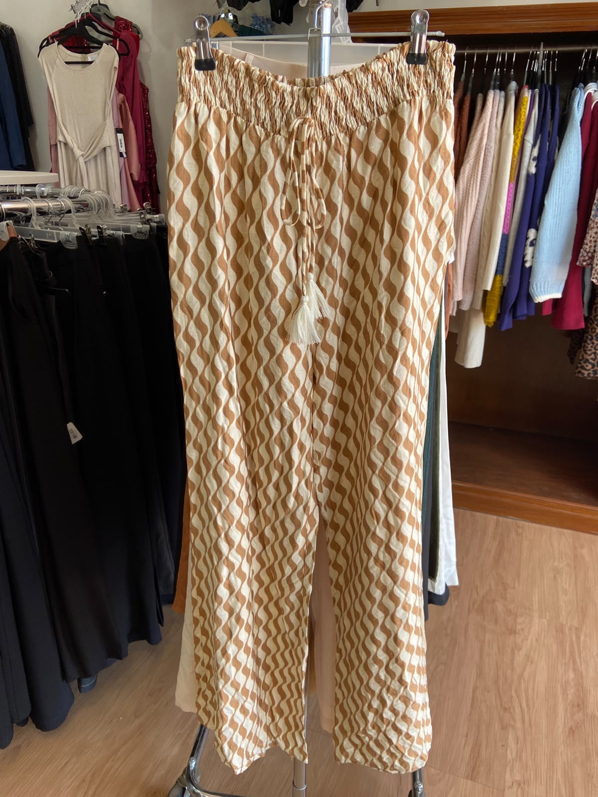 Beige Geometric Wide-Leg Trousers with Tassels