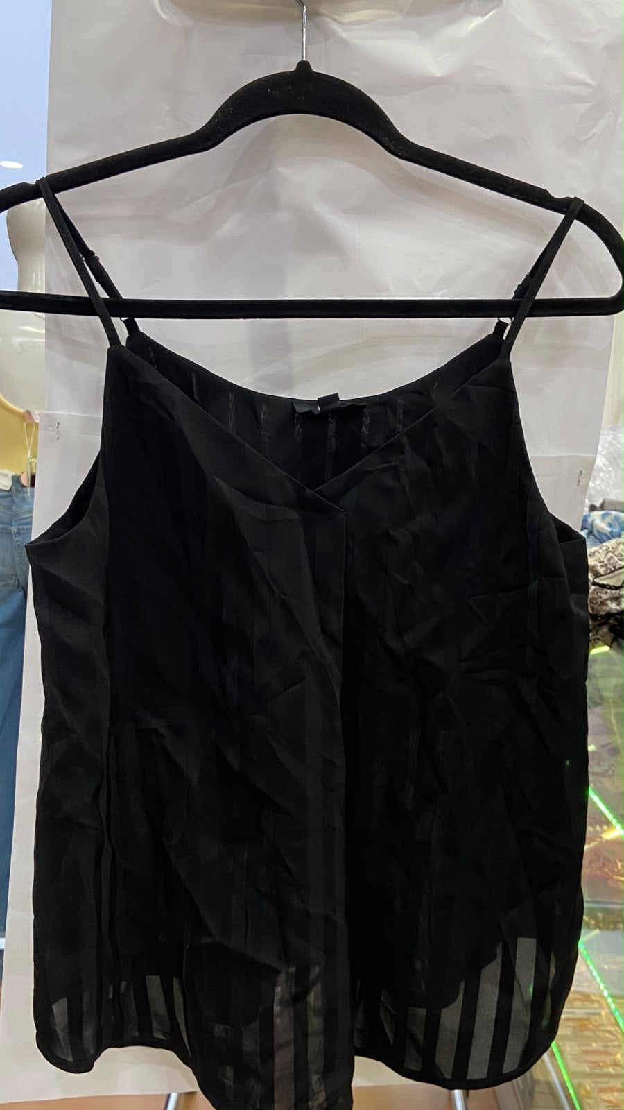 Black Sleeveless Wrap Top with Sheer Stripes