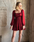 Red Long Sleeve Tiered Dress with Square Neck