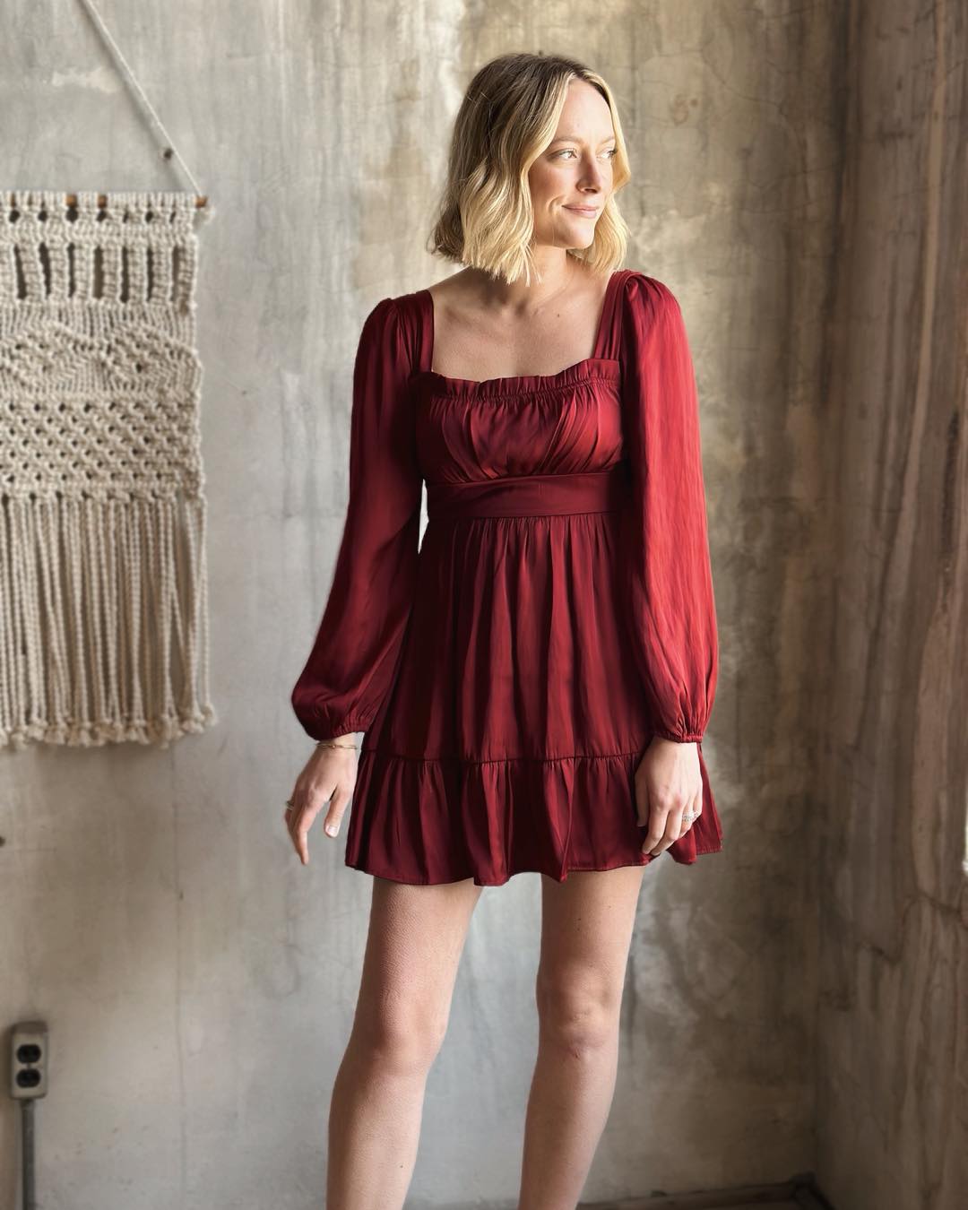 Red Long Sleeve Tiered Dress with Square Neck