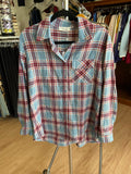 Blue Plaid Long Sleeve Button-Up Shirt with Pocket