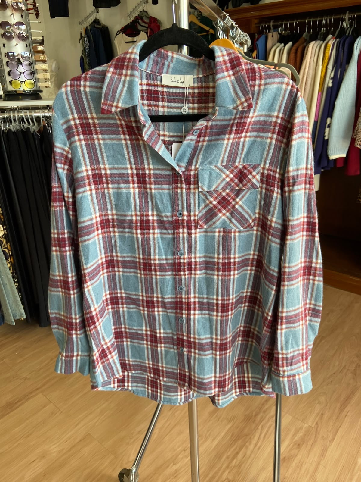 Blue Plaid Long Sleeve Button-Up Shirt with Pocket
