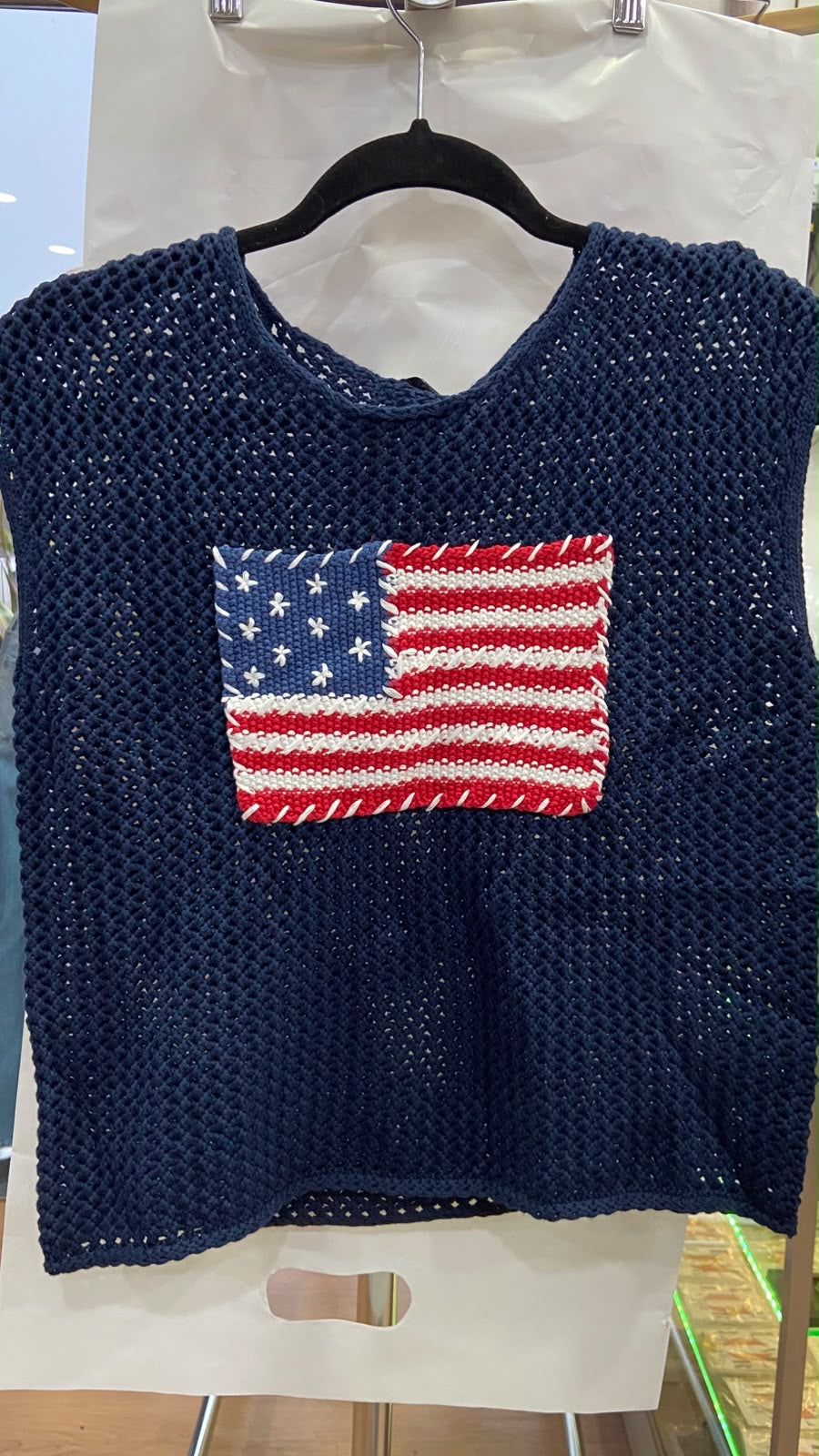 Navy Knit Sleeveless Top with Flag Detail
