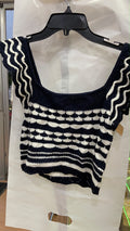 Navy Striped Short Sleeve Knit Top with Ruffled Hem