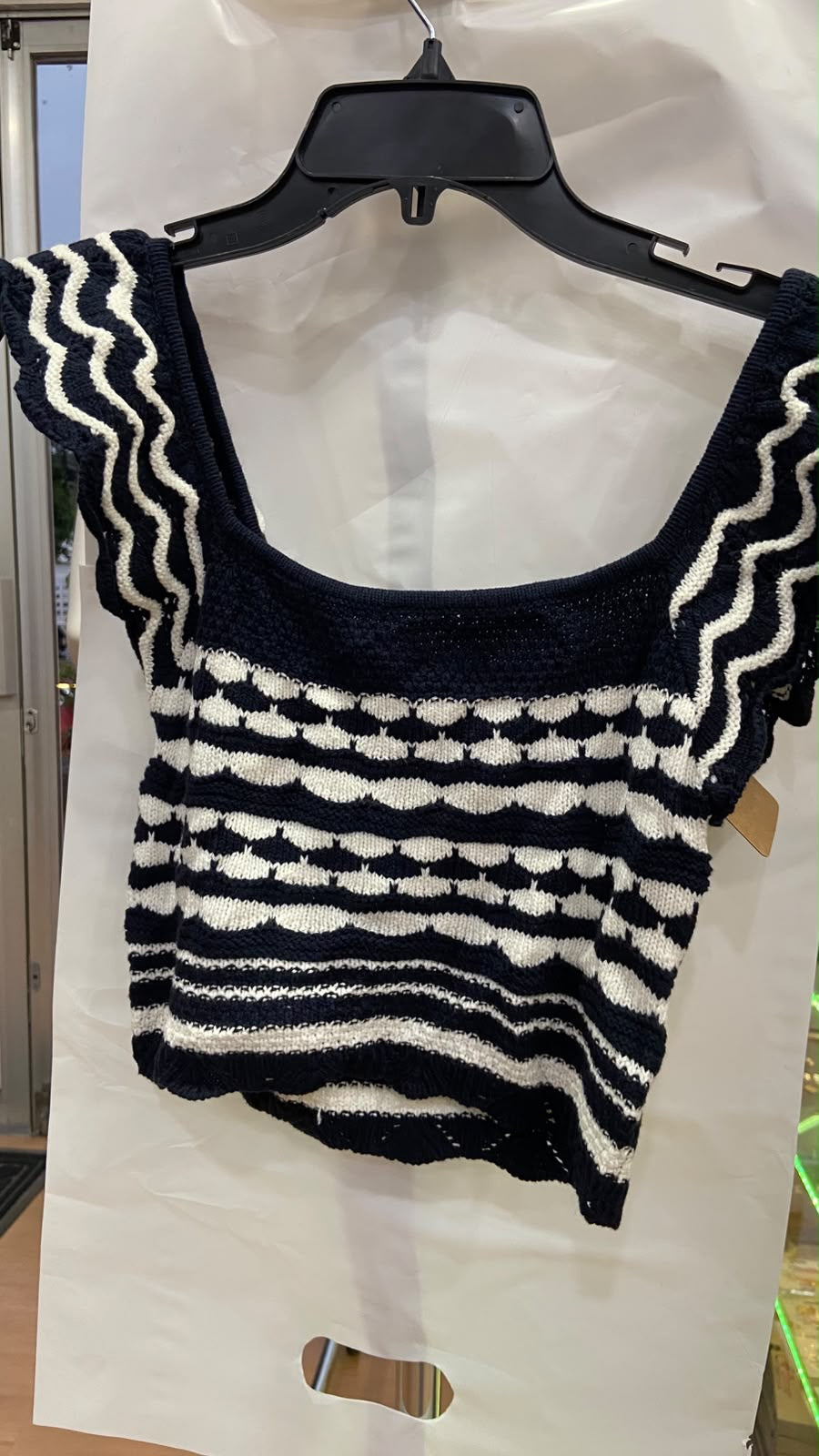 Navy Striped Short Sleeve Knit Top with Ruffled Hem