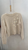 Cream Cable Knit Cropped Sweater with Floral Detail