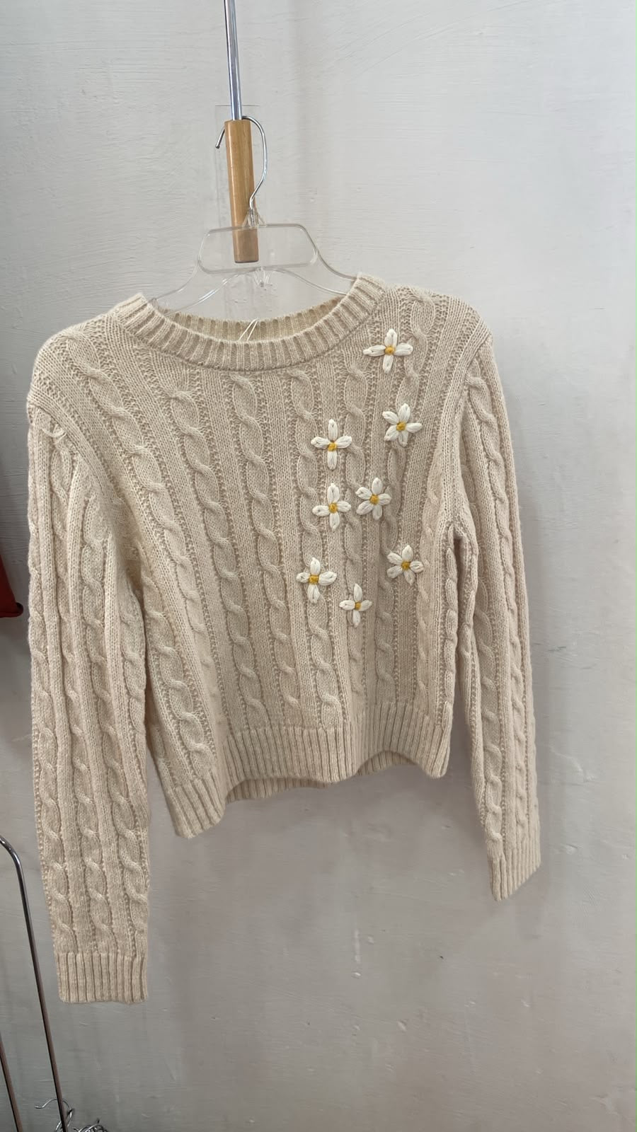 Cream Cable Knit Cropped Sweater with Floral Detail