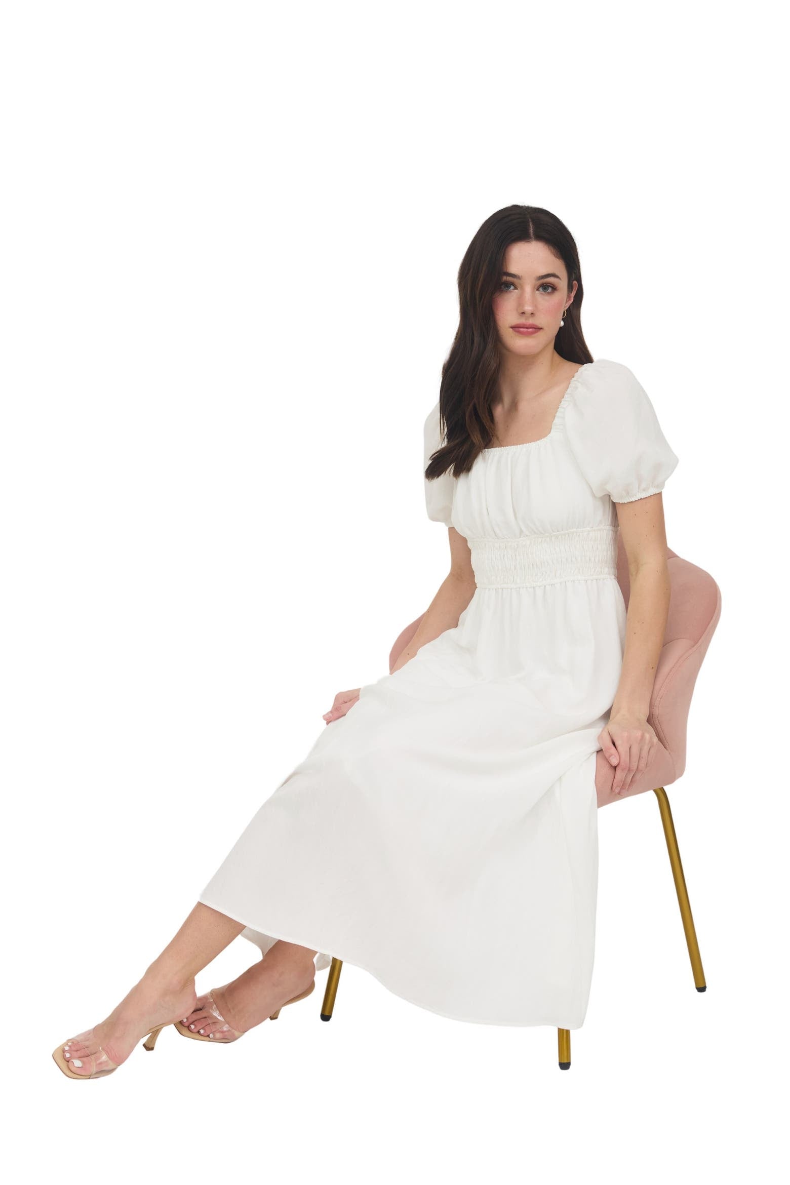 White Square Neck Puff Sleeve Maxi Dress