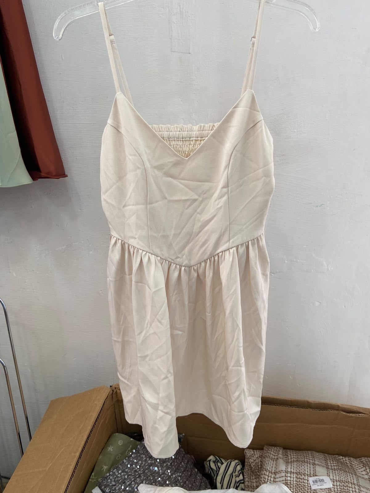 Cream Smocked A-Line Mini Dress with Spaghetti Straps