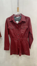 Burgundy Long Sleeve Button-Up Romper with Pockets