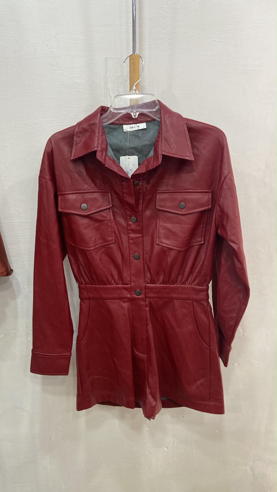 Burgundy Long Sleeve Button-Up Romper with Pockets