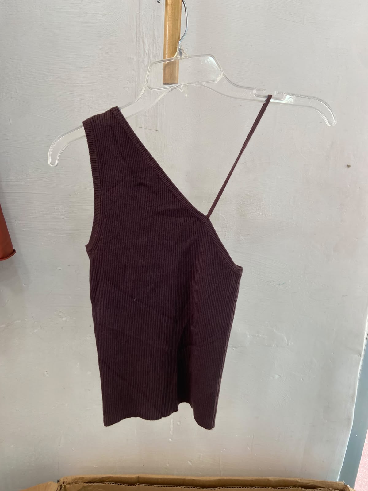Burgundy Ribbed Asymmetrical Tank Top with Spaghetti Straps