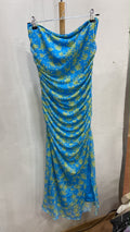 Blue Floral Ruched Maxi Dress with Side Slit