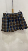 Brown Plaid Pleated Mini Skirt with Side Slit