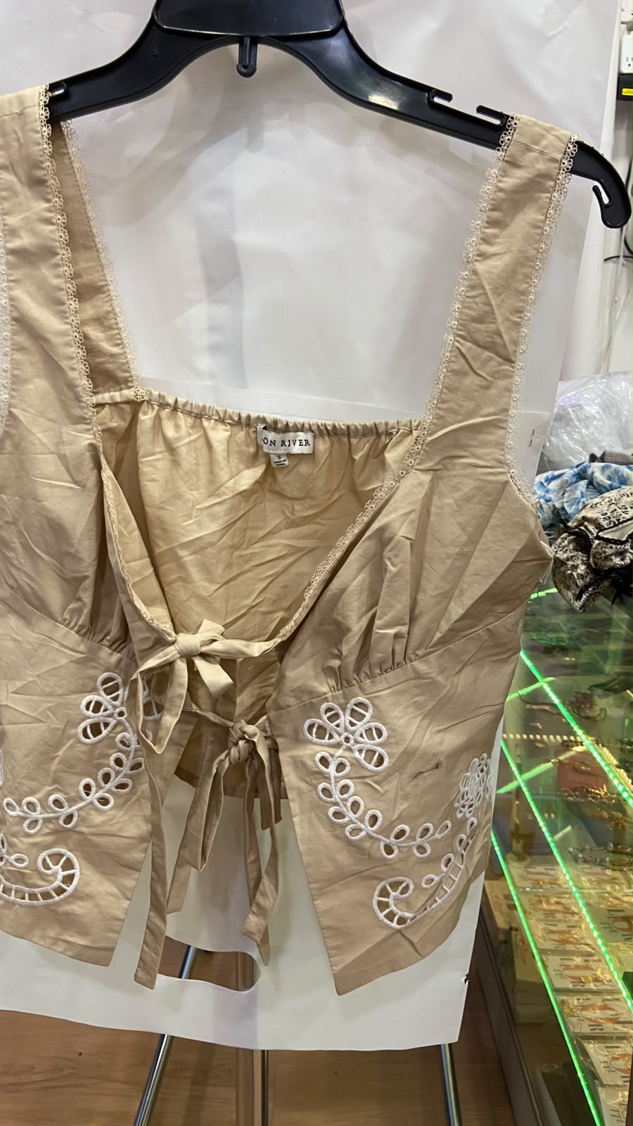 Beige Sleeveless Tie-Front Top with Embroidery