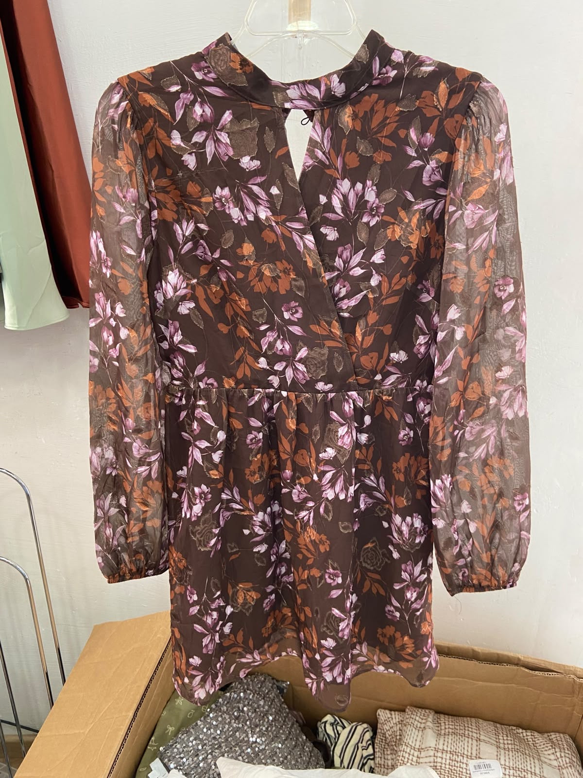 Brown Floral Long Sleeve Dress with Ruffle Detail