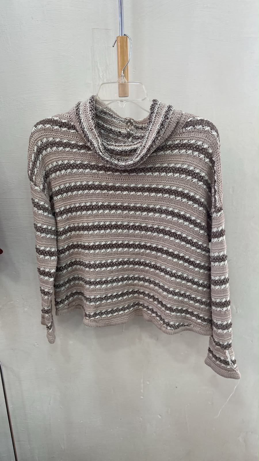 Beige Striped Mock Neck Sweater with Cowl Detail