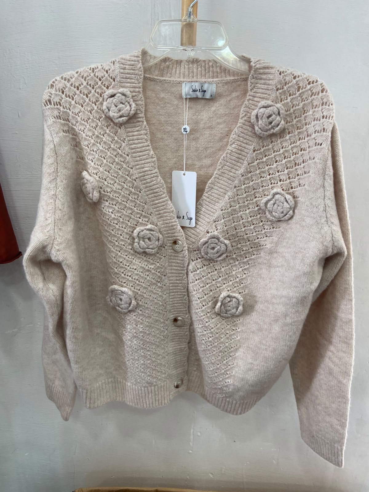 Beige Knit Cardigan with Floral Accents