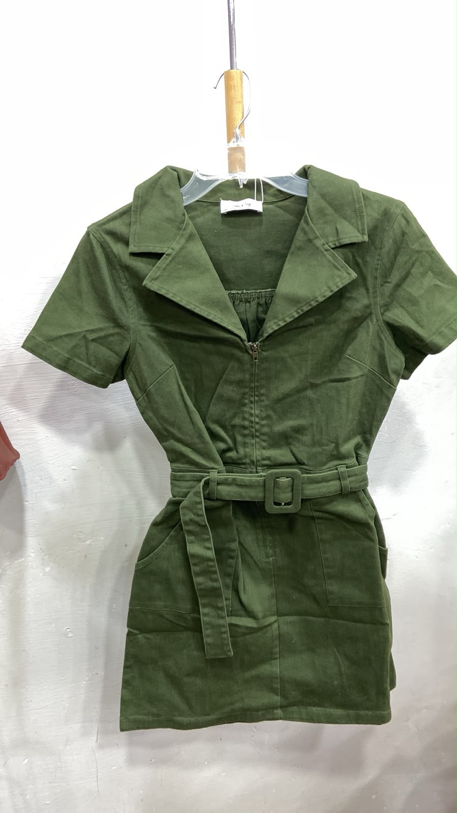 Green Short Sleeve Utility Dress with Belted Waist
