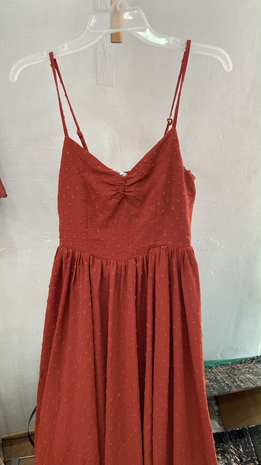Rust Spaghetti Strap Midi Dress with Twisted Bodice