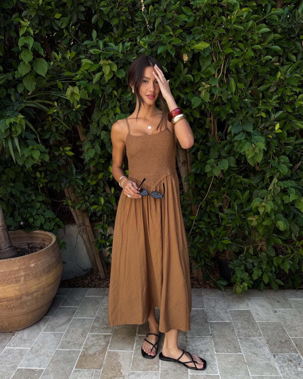 Smocked Basque Waist Spaghetti Strap Midi Dress Brown- Summer Boho Floral Beach Sundress