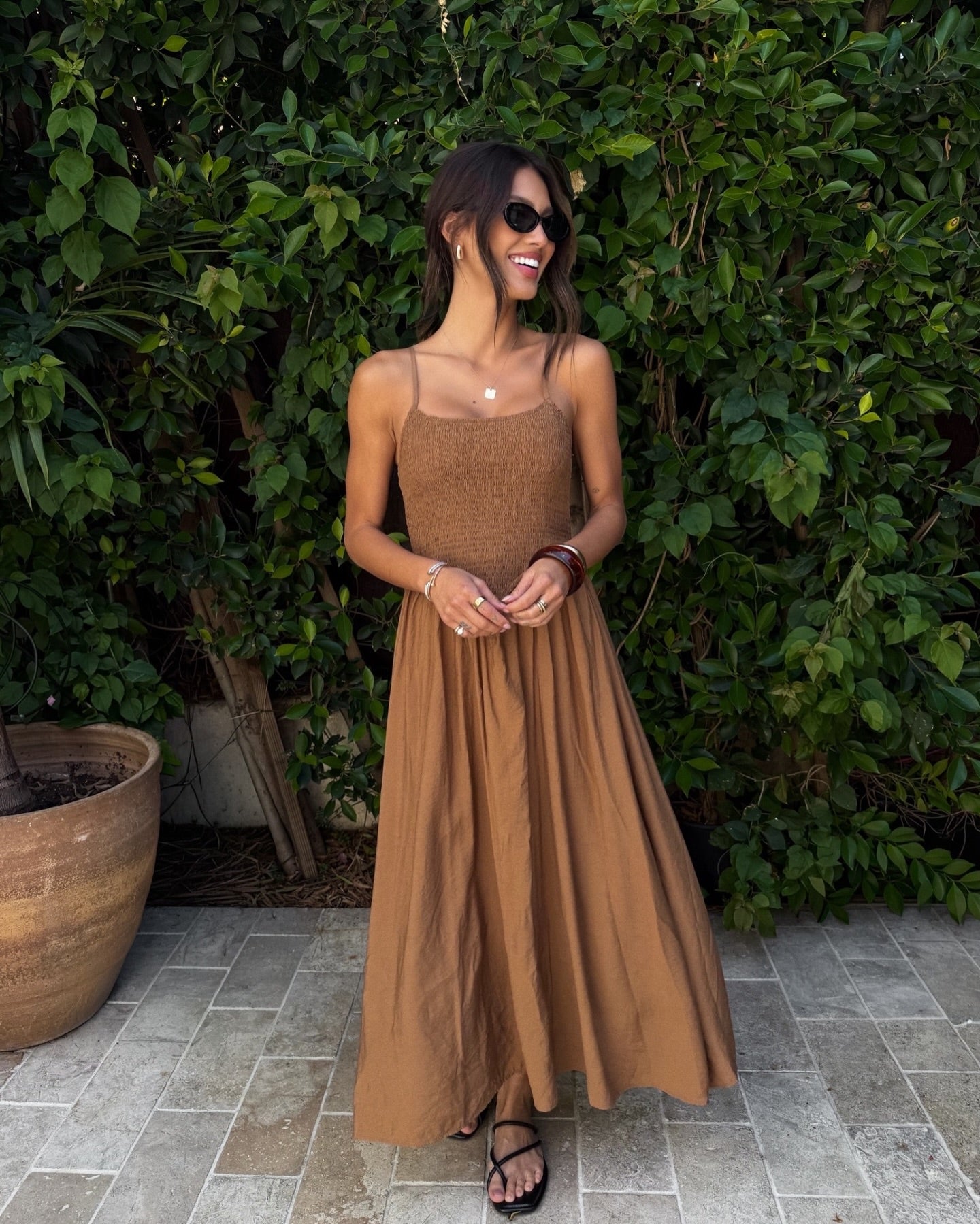 Smocked Basque Waist Spaghetti Strap Midi Dress Brown- Summer Boho Floral Beach Sundress
