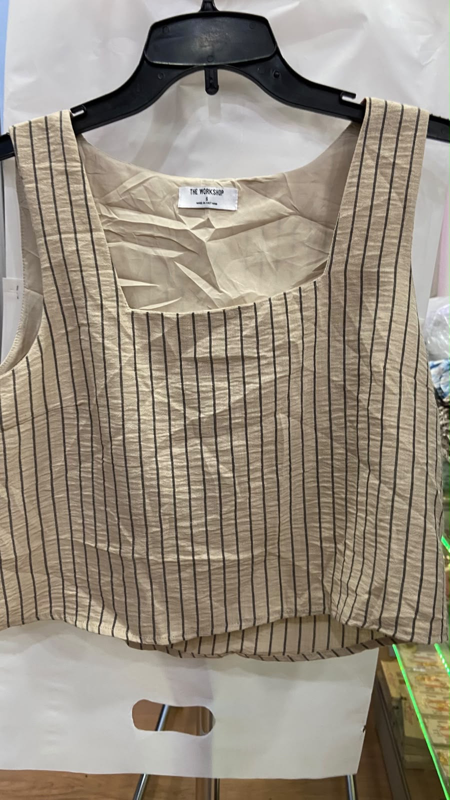 Beige Square Neck Sleeveless Top with Stripes