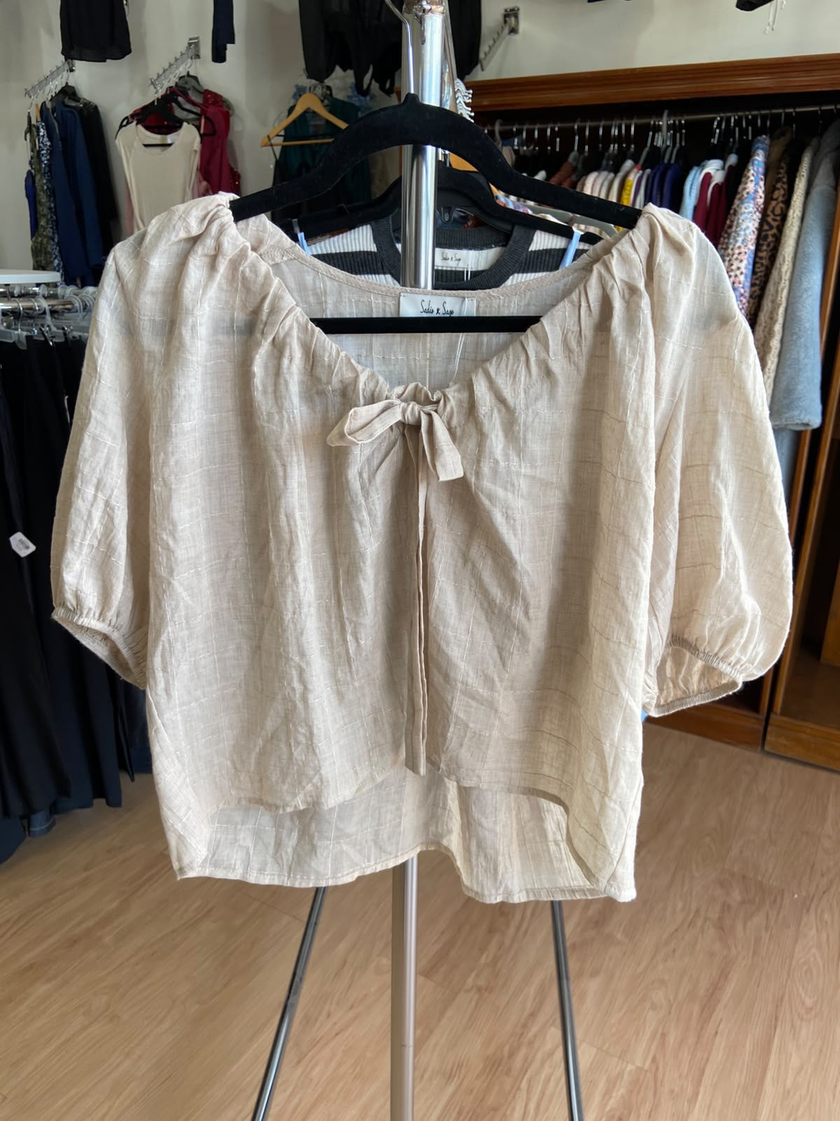 Beige Short Sleeve Blouse with Tie Detail