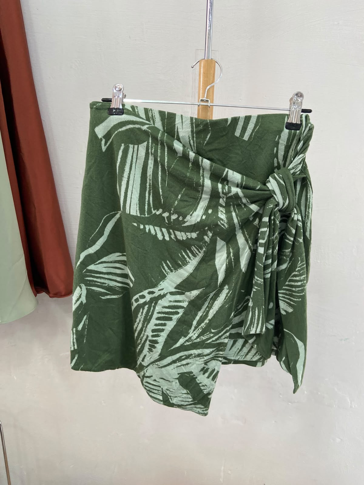 Green Floral Wrap Skirt with Tie Detail