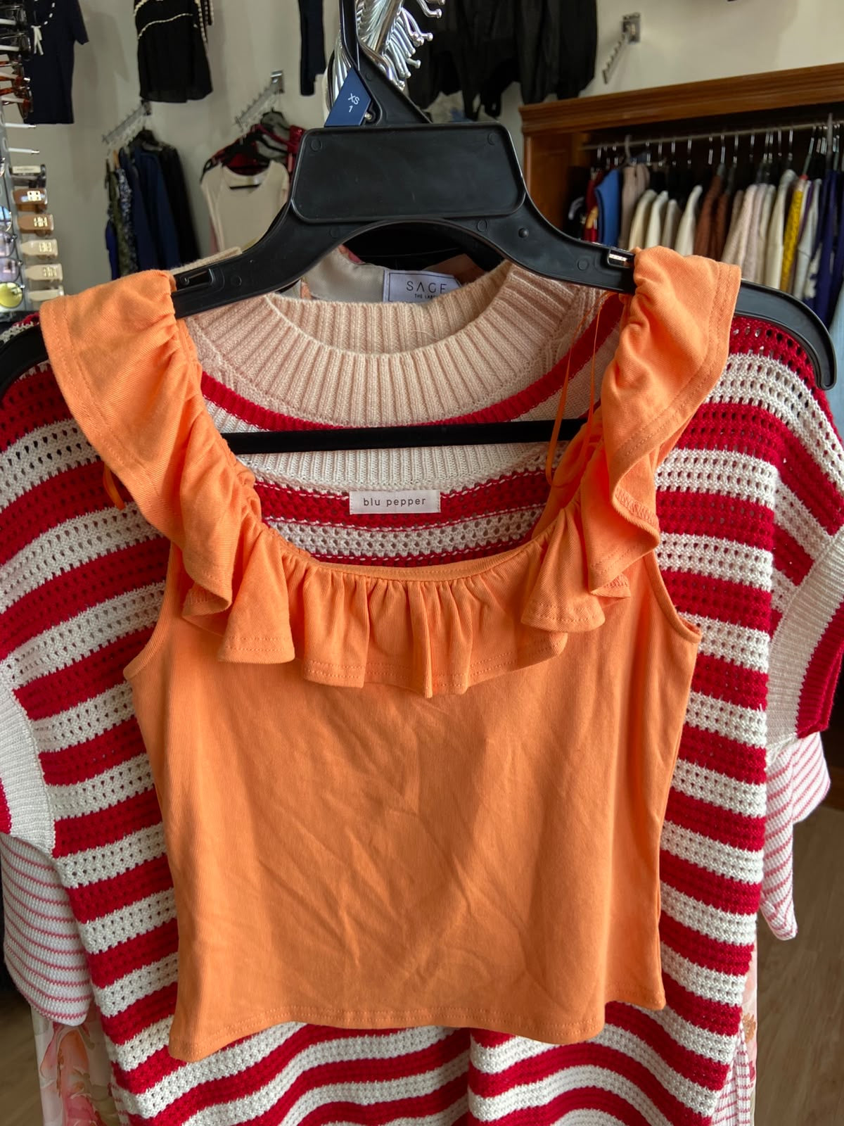 Orange Sleeveless Ruffled Top with Square Neckline