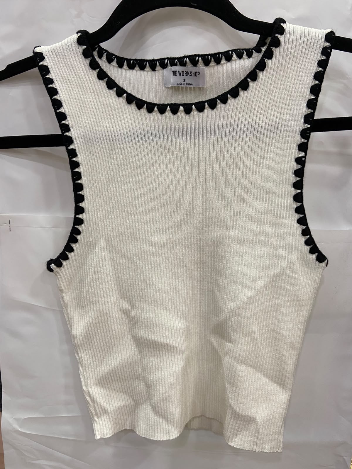 White Ribbed Sleeveless Crop Top with Trim